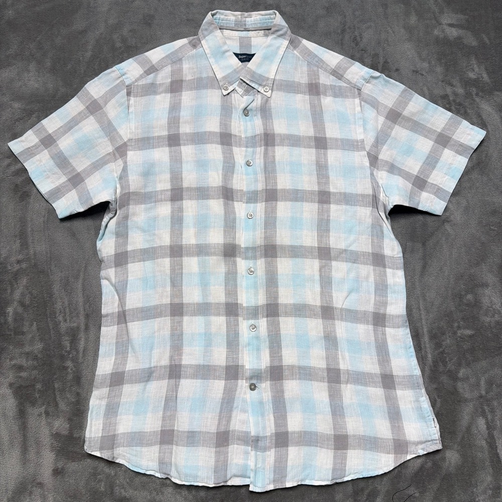 Zegna Sport Slim Fit Button Down Shirt Mens XL Blue Gray Plaid‎ 100% Linen